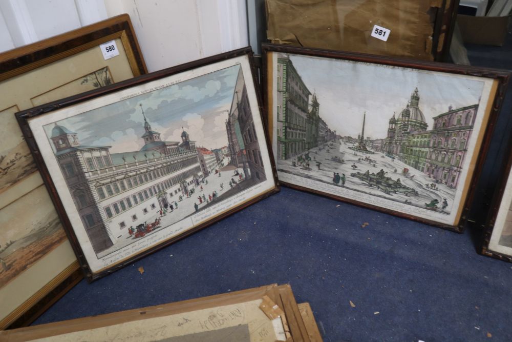 Seven 18th century French coloured engravings including Views of Westminster Abbey, University College, Oxford, Chester College and